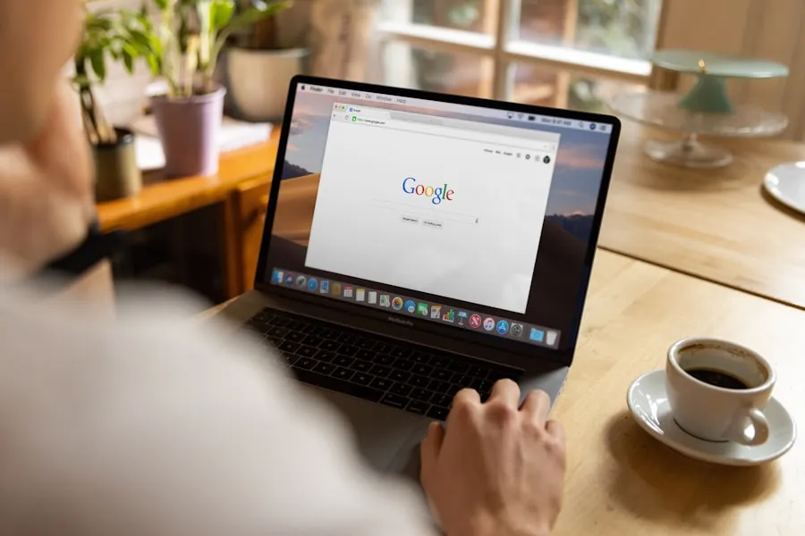 Someone at a laptop with a search engine open
