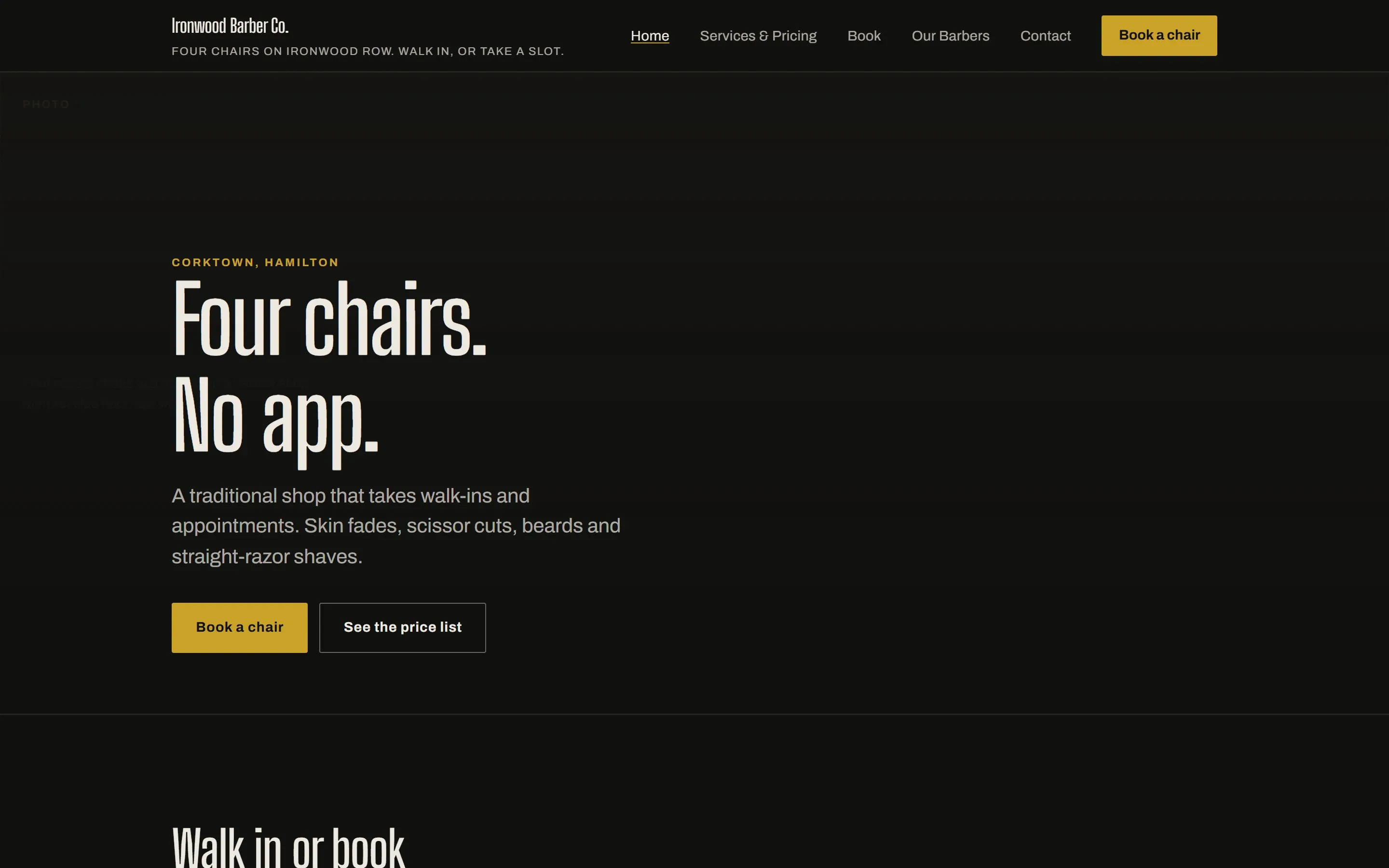 The ironwoodbarber.ca sample site, landing page