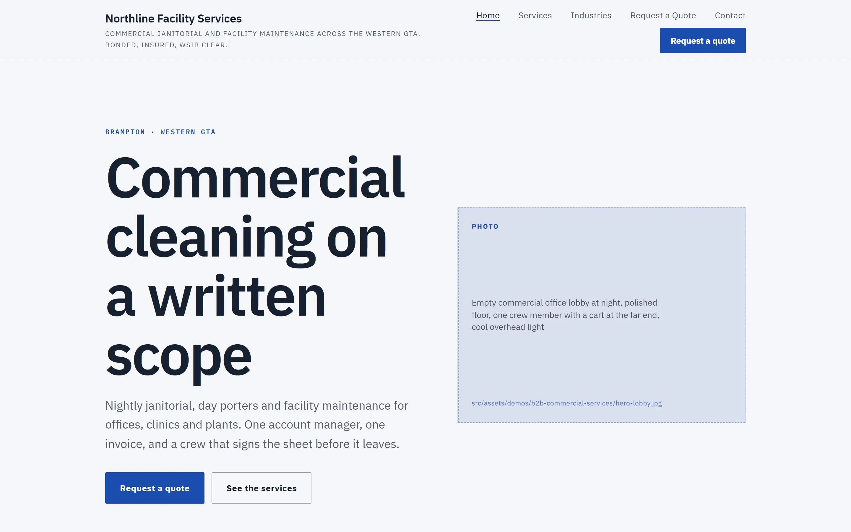 The northlinefacility.ca sample site, landing page