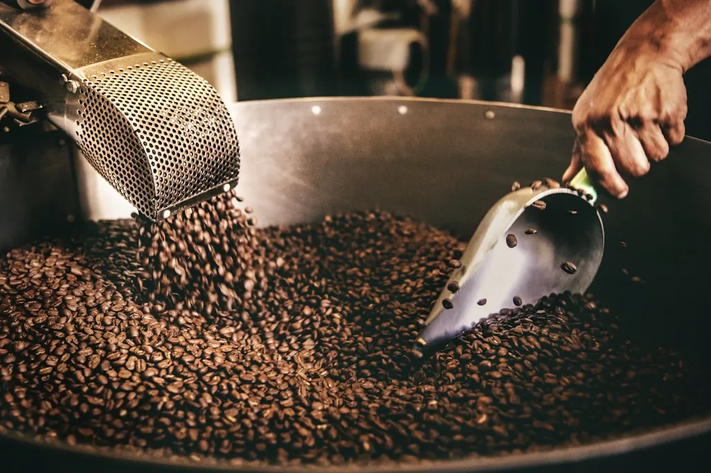 Beans being tipped into the grinder at Fernrock