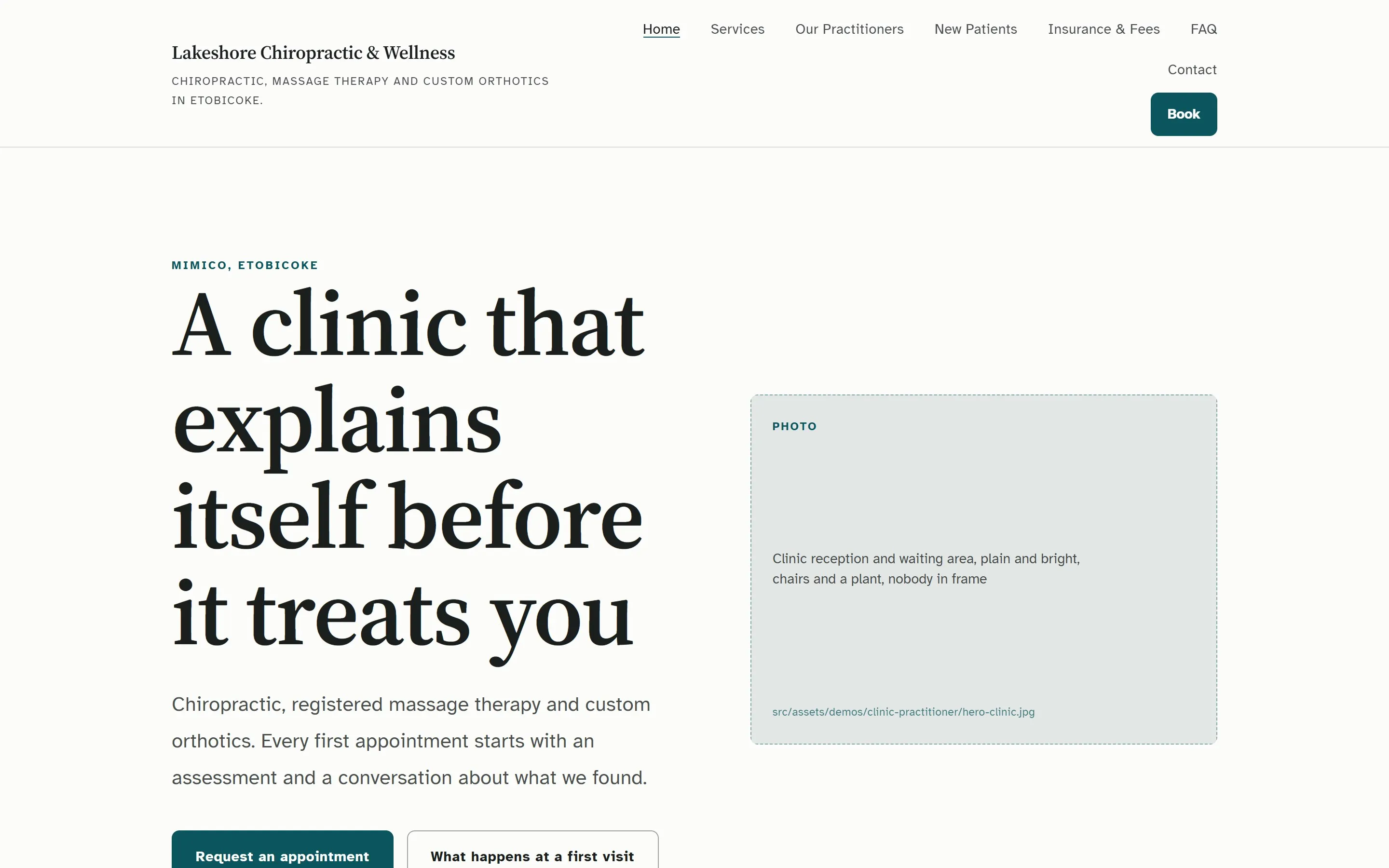 The lakeshorechiro.ca sample site, landing page