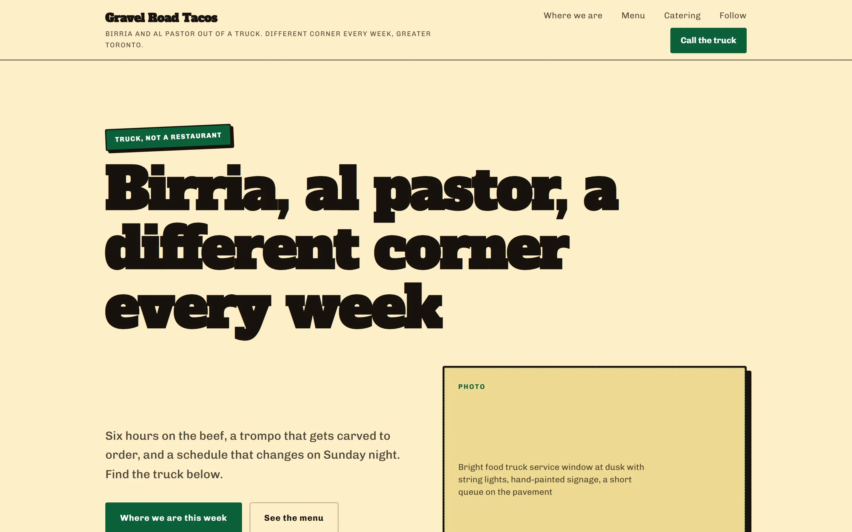 The gravelroadtacos.ca sample site, landing page
