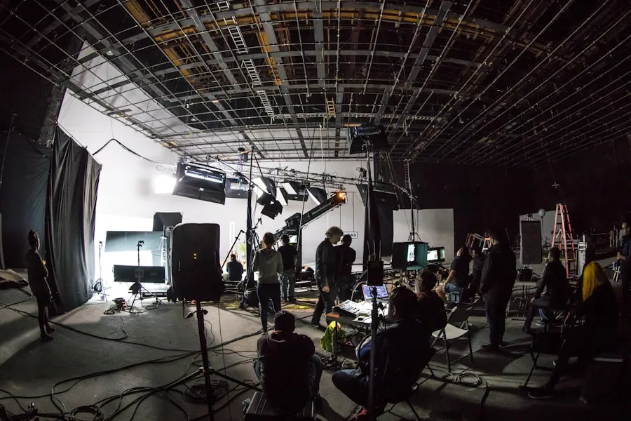 A film unit working in the blacked-out Main Hall