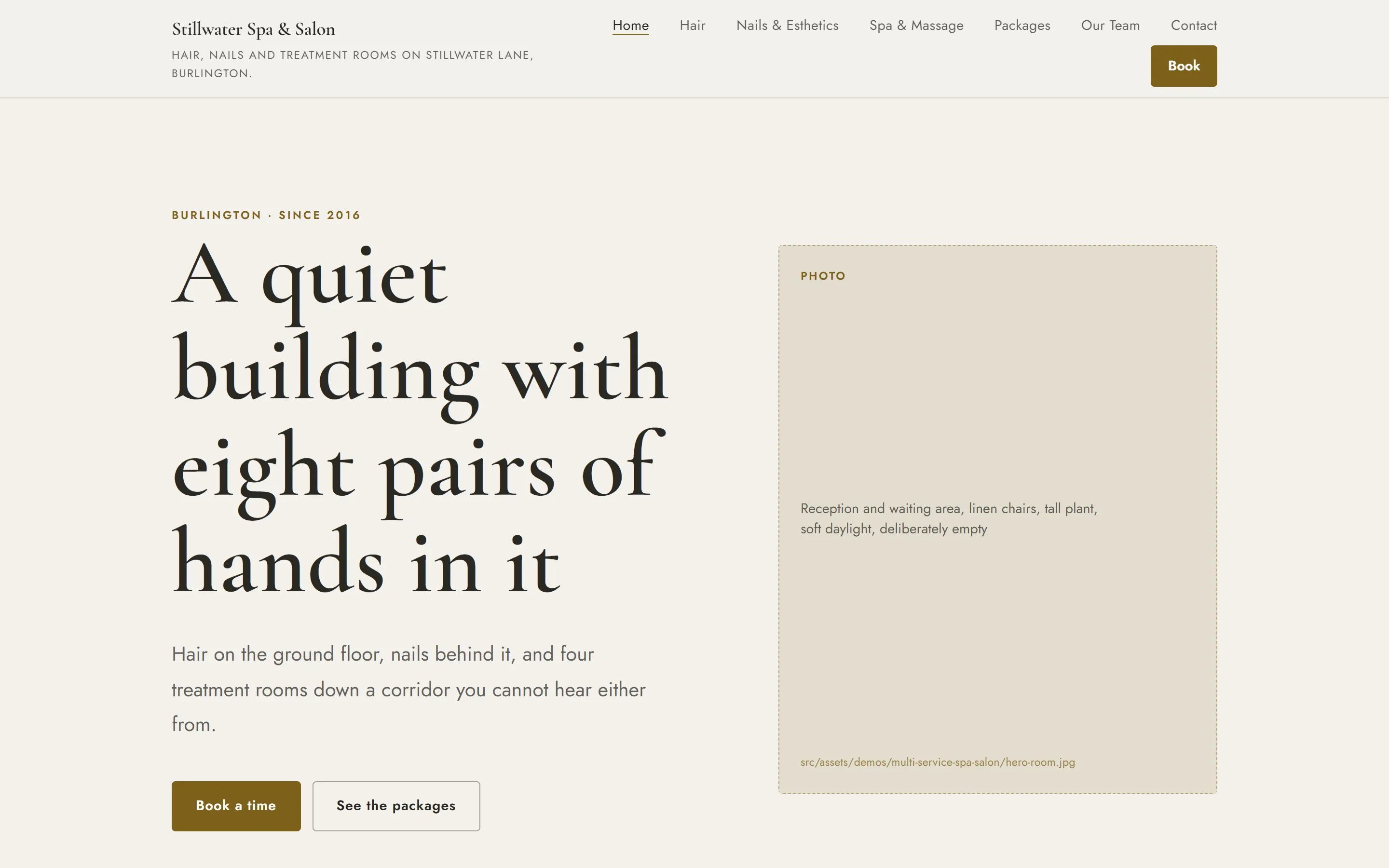 The stillwaterspa.ca sample site, landing page