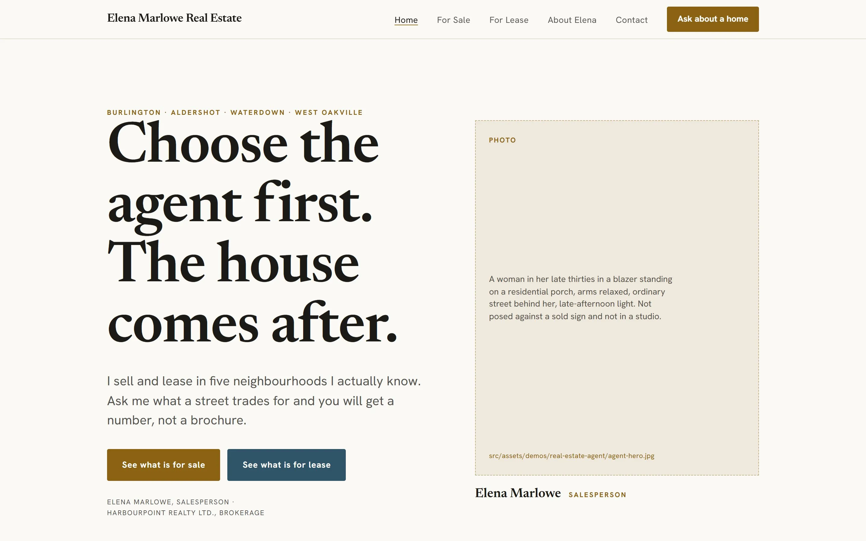 The elenamarlowe.ca sample site, landing page