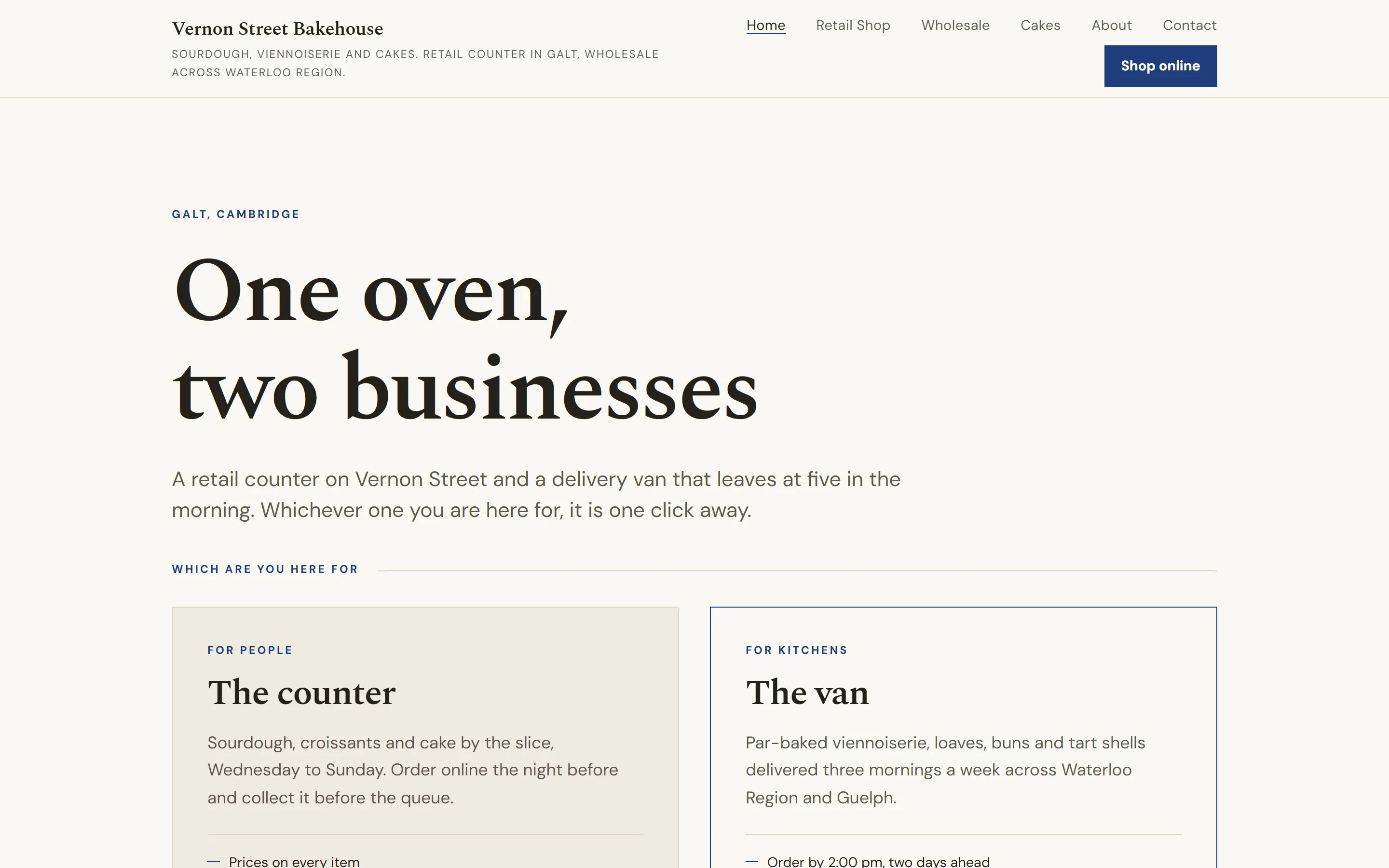 The vernonstreetbakehouse.ca sample site, landing page