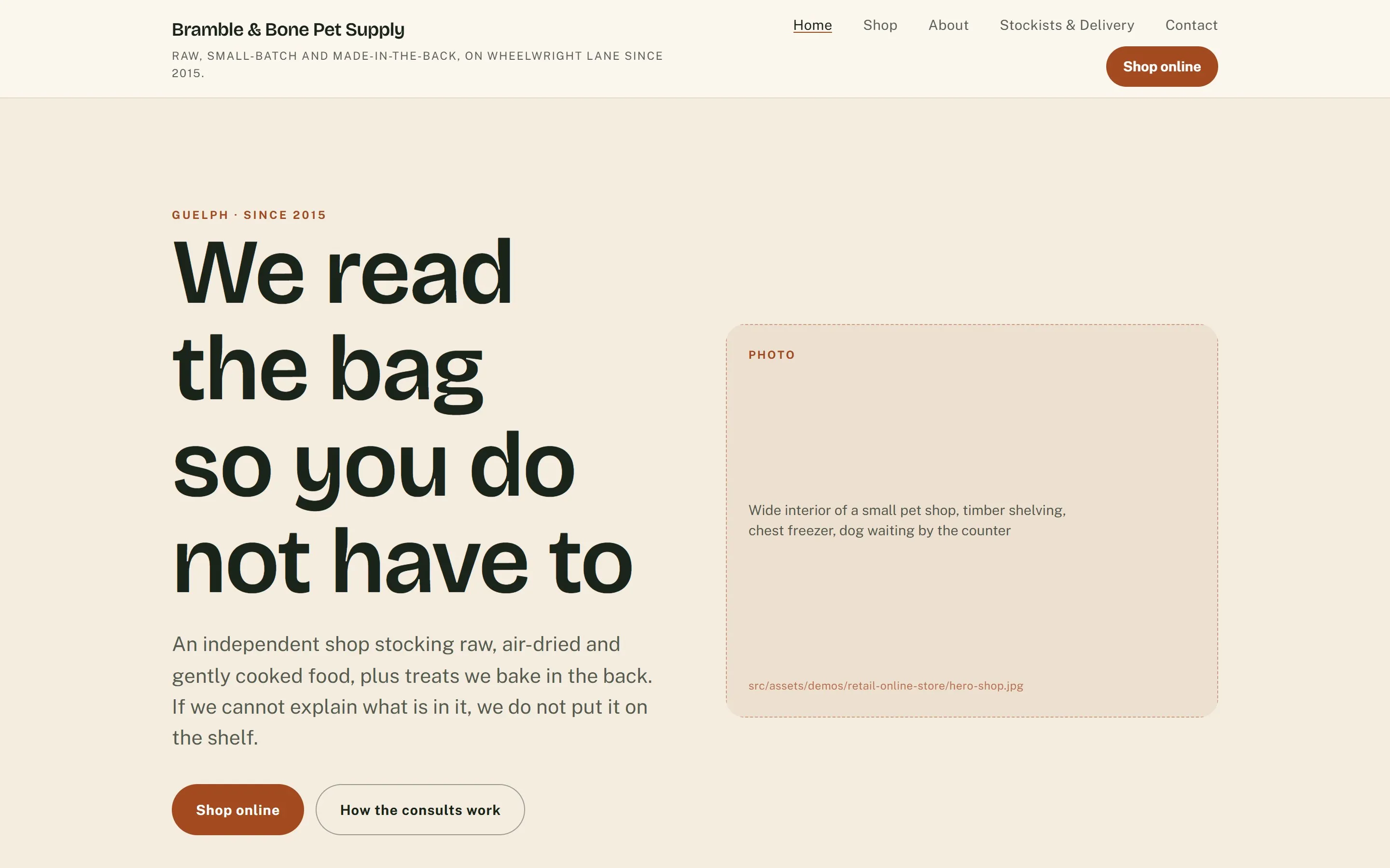 The brambleandbone.ca sample site, landing page