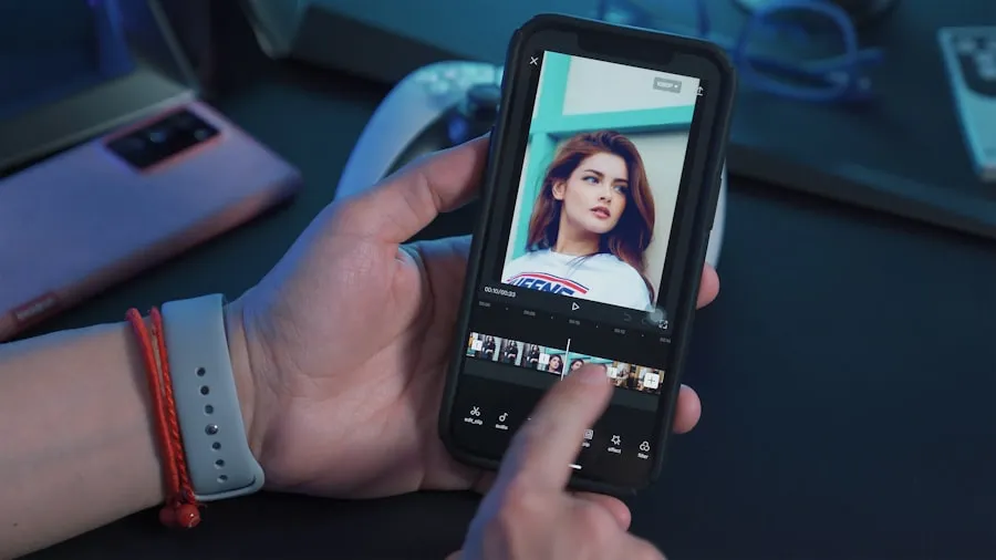 Hands editing a video clip on a phone