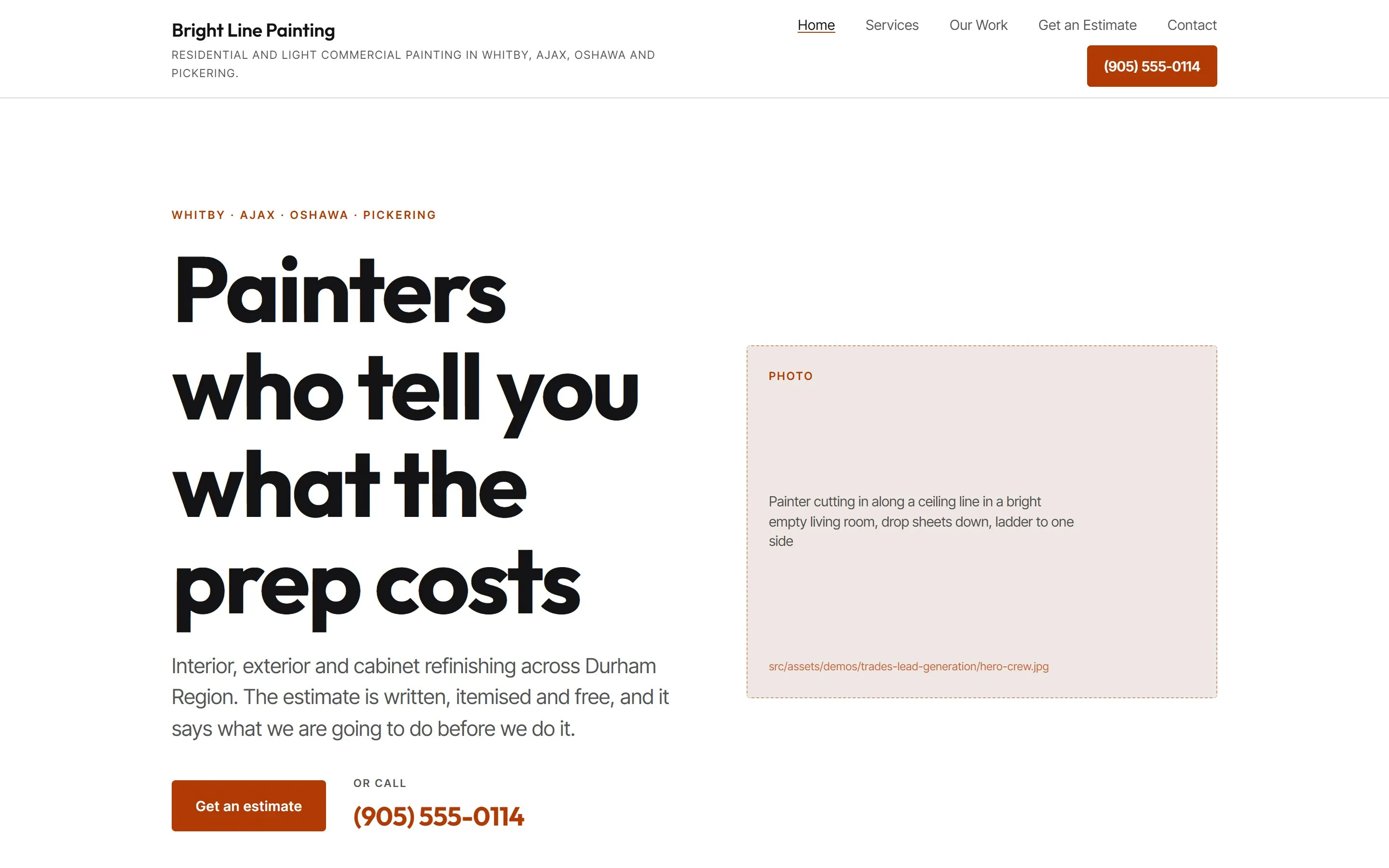 The brightlinepainting.ca sample site, landing page