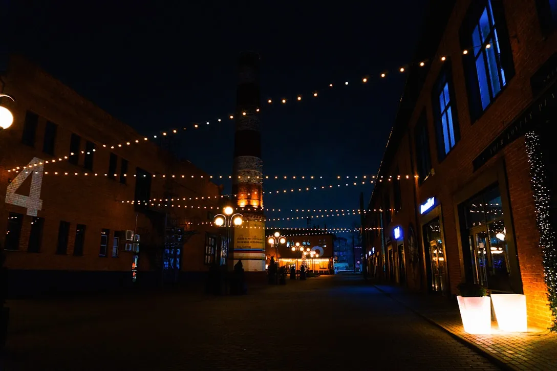 The Yard at dusk with festoon lighting